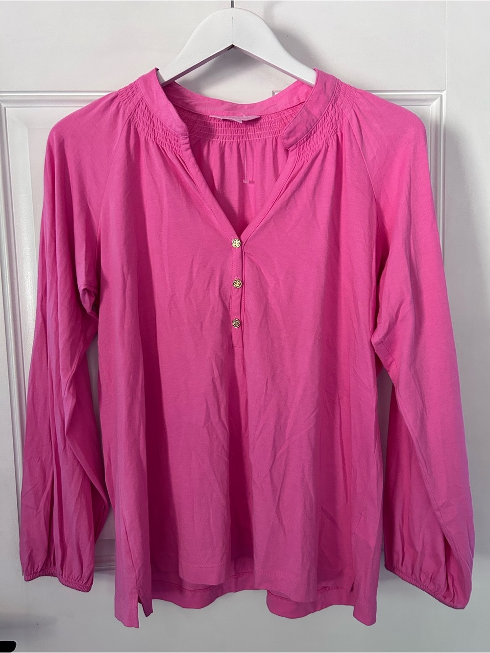 Lilly Pulitzer Hot Pink Long-Sleeve Split-Neck Blouse